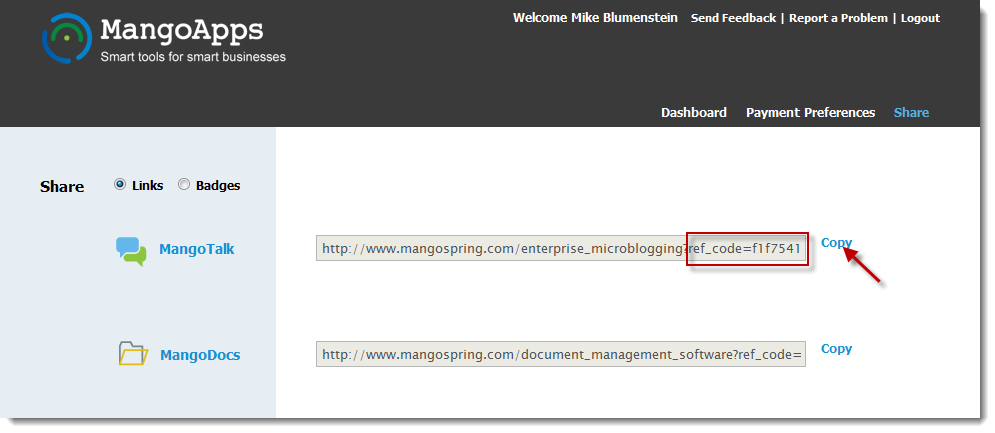 sharing Tab of enterprise social tool Affiliate Program
